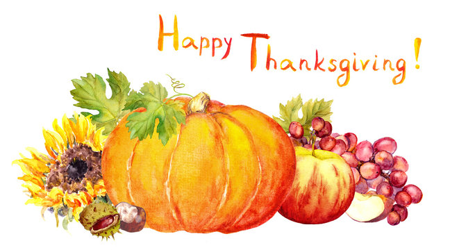 Thanksgiving design - fruits, vegetables - pumpkin, apples, grape. Watercolor