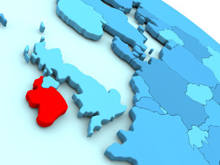 Ireland in red on blue globe