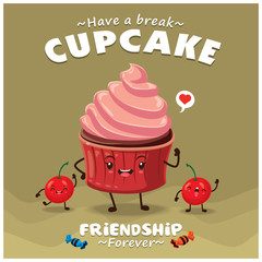 Vintage Cupcake poster design with vector cupcake character.