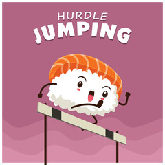 Vintage sport poster design with vector sushi hurdle jumping character.