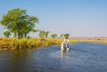 Boat cruise and wildlife safari on Chobe River, Namibia Botswana border, Africa. Chobe National...