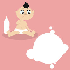 Baby girl sitting and looking down on the clouds. Cartoon vector