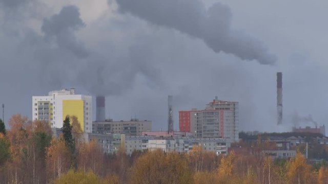 Smoke Coming out from Chimneys of Plant. 
From the pipes of the plant goes smoke. The plant is located in the city. A lot of smoke. The city and plant a forest. 
