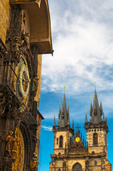 Prague astronomical clock and Tyn Church of Our Lady