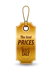 hanging gold tag icon. Price offer discount and market design. Isolated design. Vector illustration