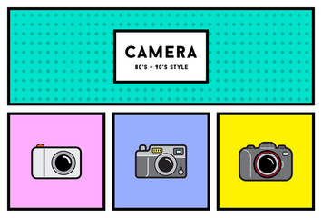 Obraz premium Vector 80's or 90's Stylish Photo Camera Icon Set with Retro Col