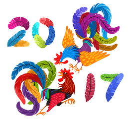 Two bright colorful rooster fighting. Lettering 2017 made of feathers. Drawing Chinese symbol of the New Year. Decorative abstract cocks. Isolated on white background.