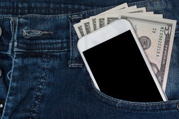 smartphone and money in pocket jeans.