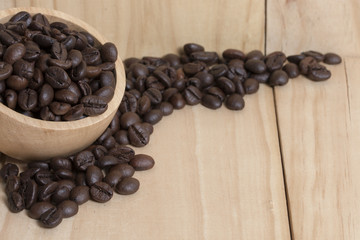 coffee beans in a cup with wooden background