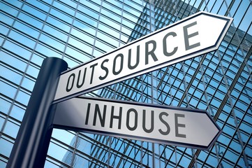 Signpost illustration, two arrows - in-house, outsource