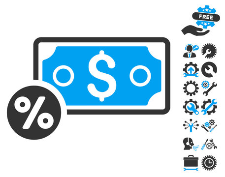 Banknote Percent pictograph with bonus tools symbols. Vector illustration style is flat iconic bicolor symbols, blue and gray colors, white background.