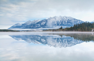 mountain range reflected in Barmsee lake