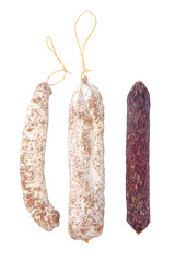 tasty delicious dried white and red sausages, salami is isolated © Alisa