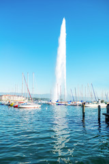 Famous fountain jet dEau in Geneva lake near Geneva city in Switzerland