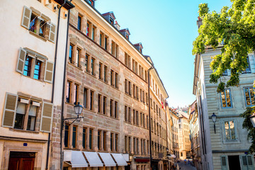 Naklejka premium Buildings in the old town of Geneva city in Switzerland