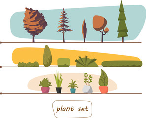 Illustration of houseplants, indoor and office plants in pot. Set  trees  shrubs. EPS 10