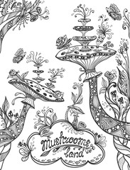 Obraz premium Fantasy illustration mushrooms land in Zen doodle style black on white
