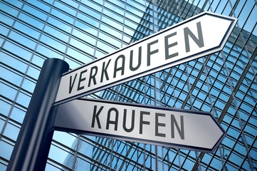 Fototapeta premium Signpost illustration, two arrows - buy, sell - English/ kaufen, verkaufen - German.
