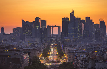 La defense district business in Paris at sunset, view from arc d