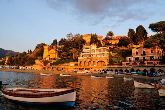 Panorama just after sunset of the small town of Levanto, Cinque Terre, Liguria, Italy.