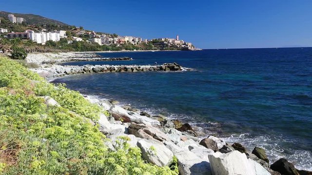 Coastline with historic Bastia town on Corsica, France, Europe