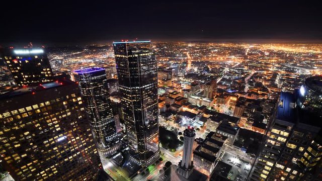 Time Lapse of Downtown LA Night City Lights -Tilt Down-