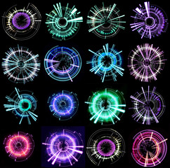 Collection of Futuristic technology wheel on a black background