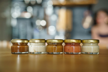 Small glass jar with a delicious honey souffle.