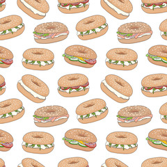 Hand drawn various fresh bagel sandwiches vector seamless pattern. Bagels with cream cheese, lax, vegetables. For web design, wrapping, menu or interior design. Eps10, added to swatches. - 123070211