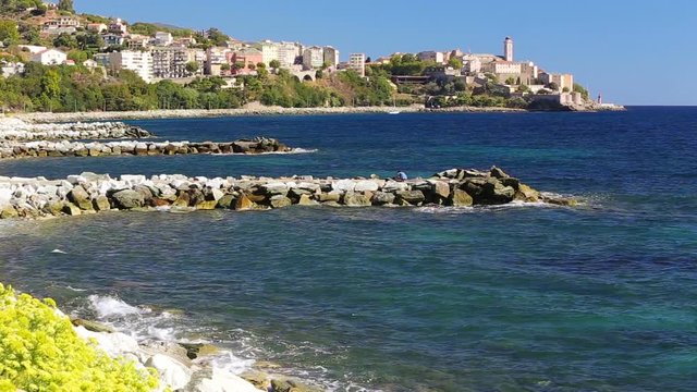 Coastline with historic Bastia town on Corsica, France, Europe
