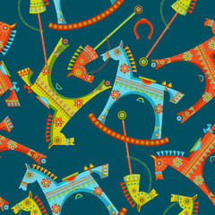 Various toy horses. Rocking horse, spring seesaw, wooden stick horse. Seamless background pattern.