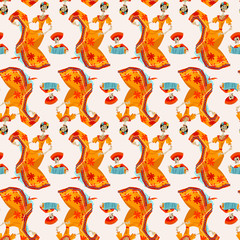 La Calavera Catrina. Dancing skeleton. Dia de Muertos. Seamless background pattern.