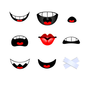 Set of smiling mouth on white background. Vector illustration