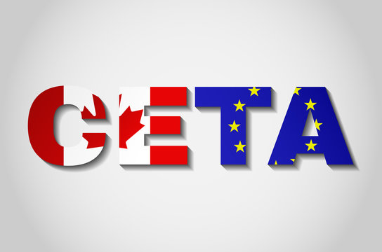 CETA - comprehensive economic and trade agreement between Canada and the European Union. Canada and European Union flags in CETA text with shadow.