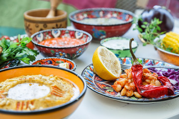 Fototapeta na wymiar Mediterranean traditional meze: hummus, babaganoush, harissa, tzatziki on white background