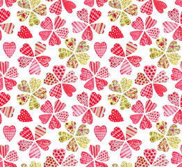 Fototapeta na wymiar Flowers collected from the different patchwork hearts. Watercolor seamless pattern.