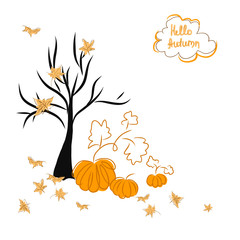 Card design template Hello autumn. Greeting card with pumpkins and autumn leaves. Logo hello autumn. Vector.