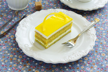 Copyright opera cake with pistachio and passion fruit.