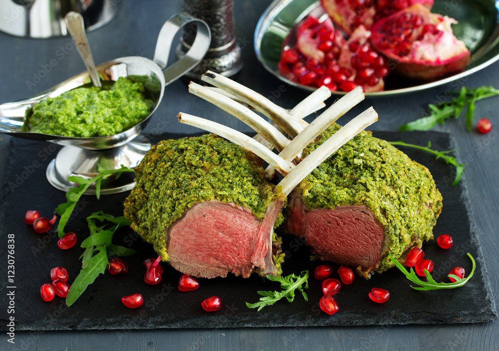 Canvas Prints Rack of lamb in herb cheese and breadcrumbs. A festive meal. Selective focus.