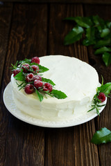 New Year or Christmas cake with raspberries, selective focus.
