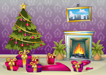cartoon vector illustration interior Christmas room with separated layers in 2d graphic