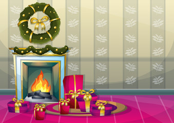 cartoon vector illustration interior Christmas room with separated layers in 2d graphic