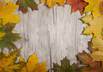 Naklejka na ściany i meble Autumn background made of board and leaves
