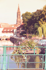 picturesque downtown Strasbourg with cathedral in background - Alsace Region - France