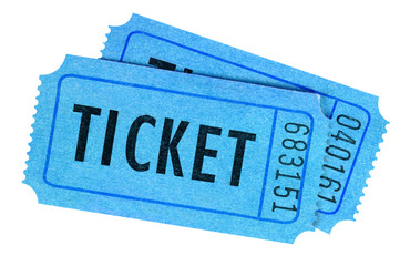 Two blue movie or raffle tickets isolated on a white background.