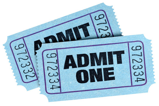 Two pair blue admit one movie cinema theater ticket stub isolated on white background photo