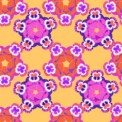seamless pattern flowers net violet pansies on an orange backgro