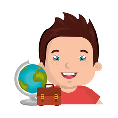 avatar boy smiling with earth globe and bag icon. colorful design. vector illustration