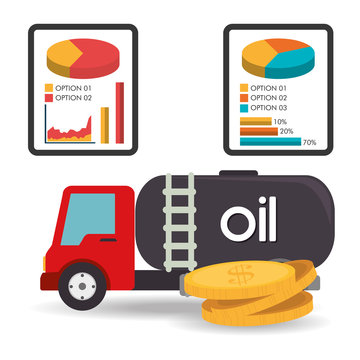 oil tank truck and graphic pie chart with money coins. vector illustration