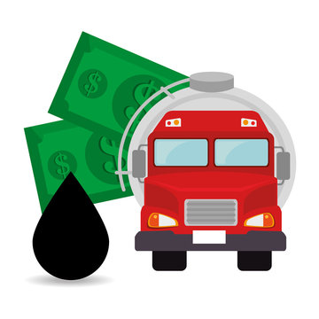 oil tank truck with money bills and drop. petroleum design. vector illustration
